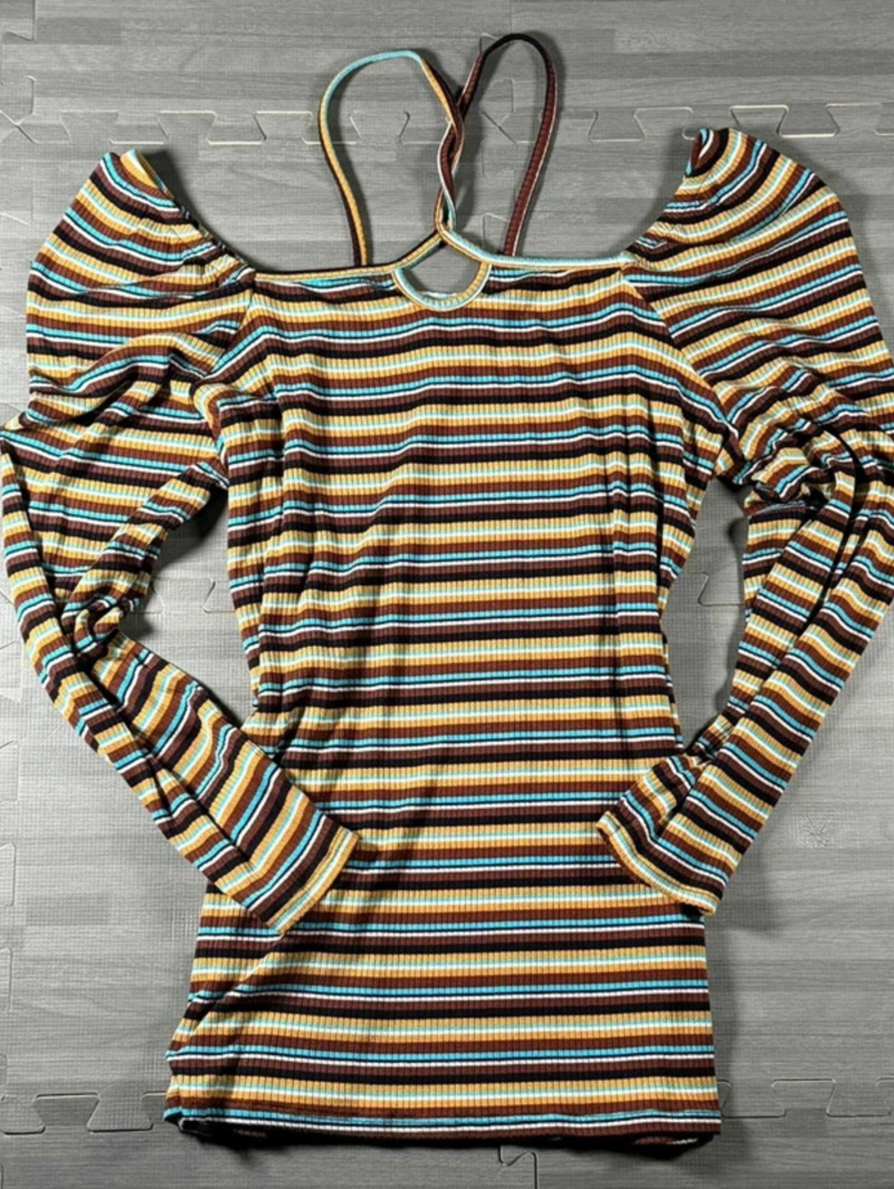 Large Striped Top Women Large Brown Blue Cold Shoulder Ribbed
